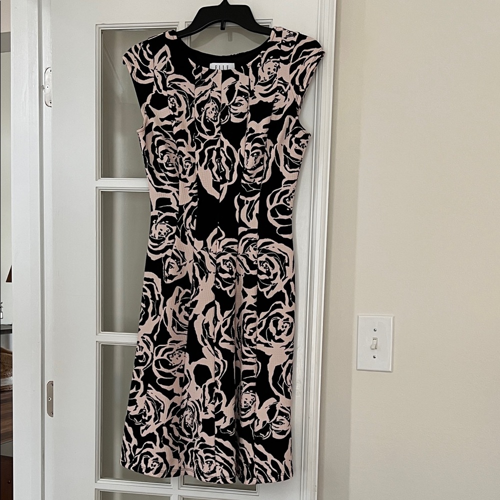 Elle Black and Pink Rose Midi Dress